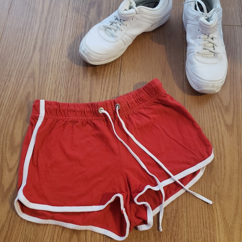 Red mini shorts with white stripes, size S